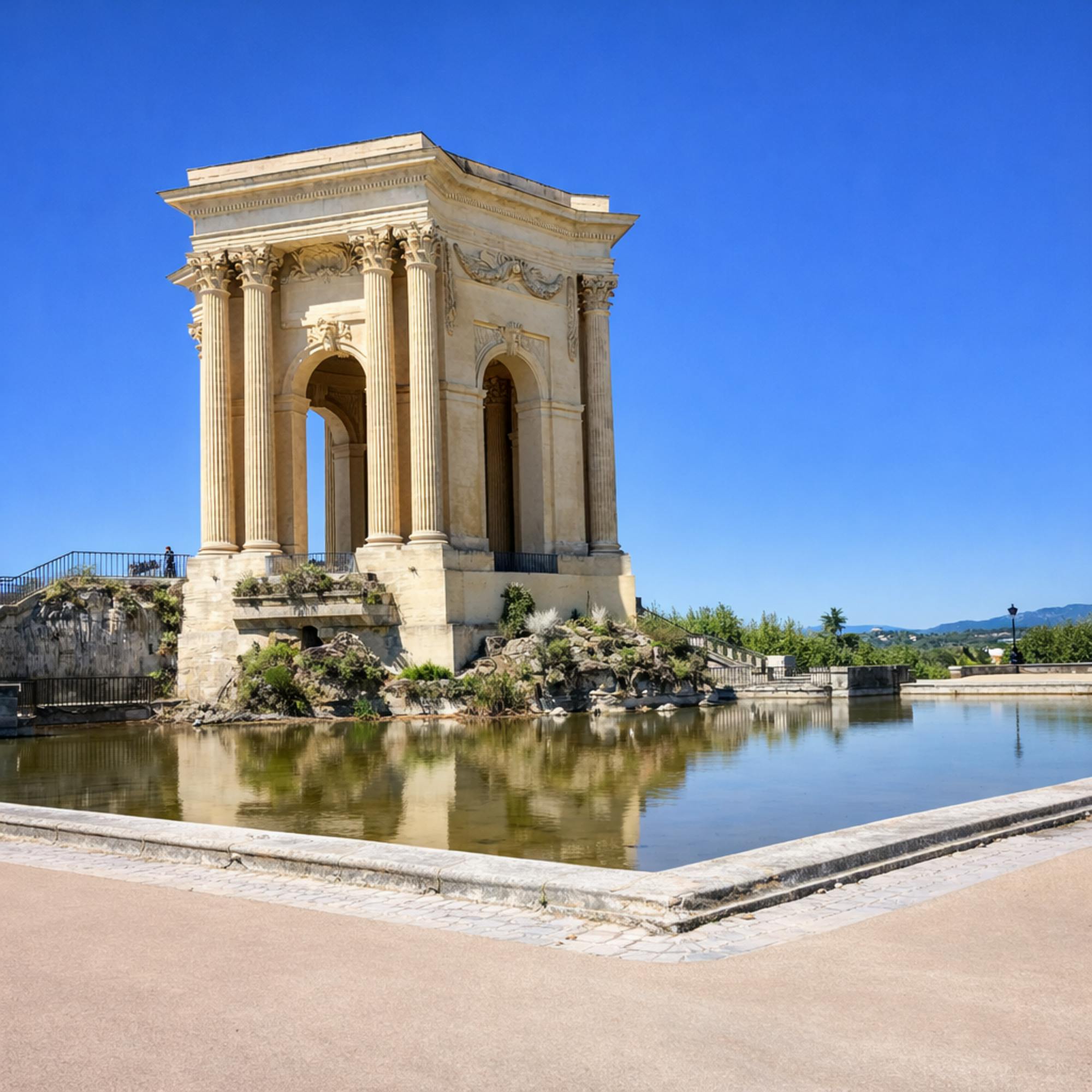 Belle vue du château d'Eau à Montpellier, en France, se reflétant dans un étang paisible.